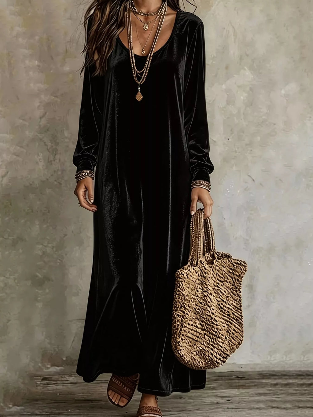 Velvet Long-Sleeve Maxi Dress