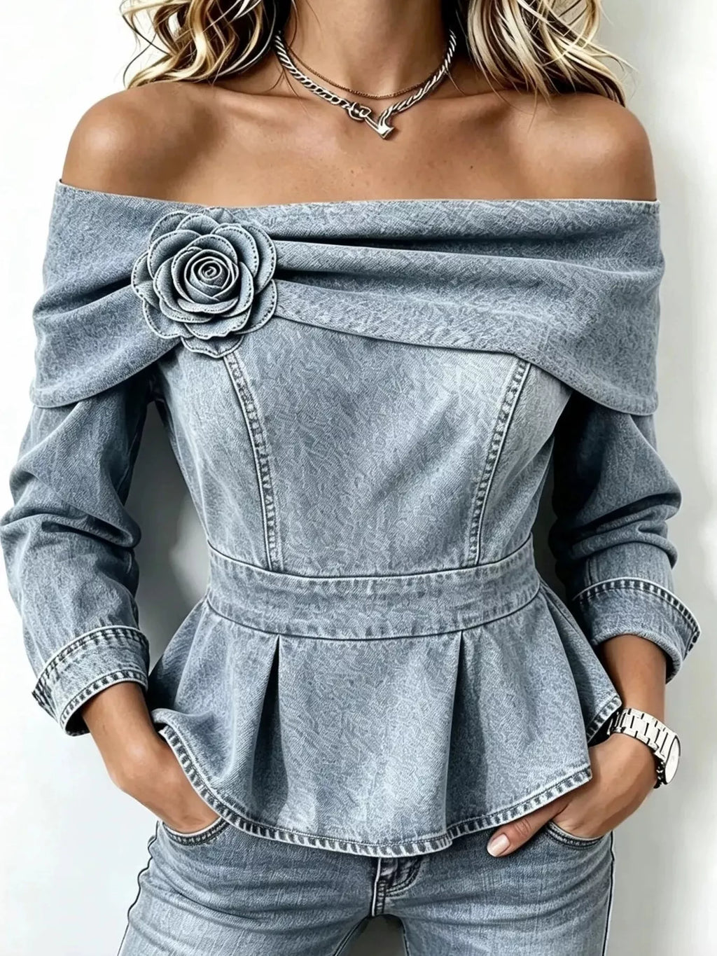 Full Size Off-Shoulder Floral Denim Look Top Plus Size