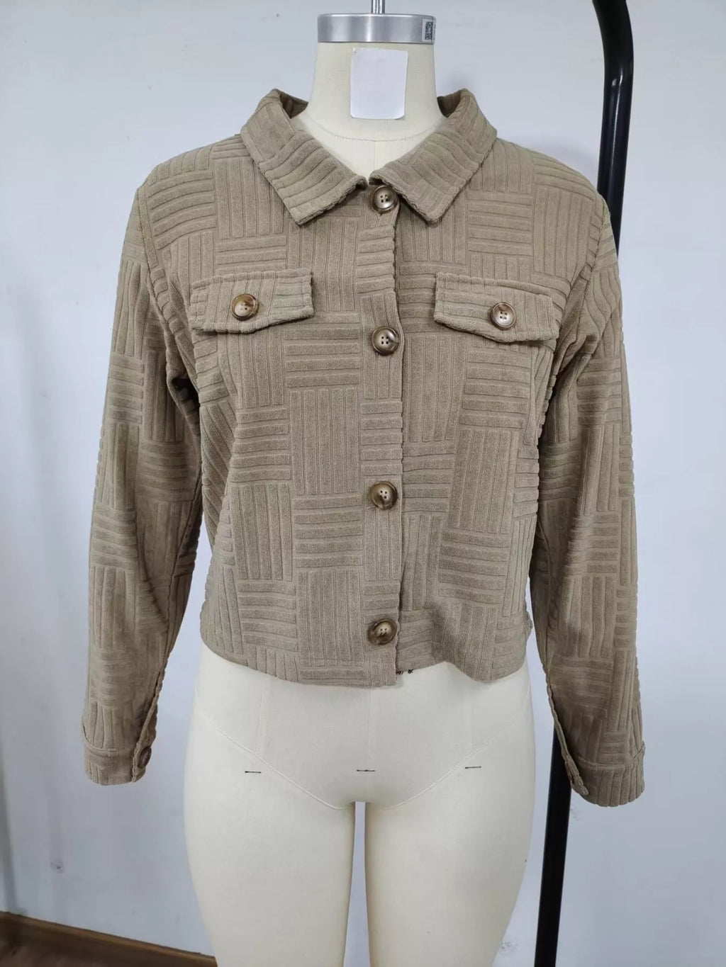 Textured Corduroy Button-Front Cropped Jacket