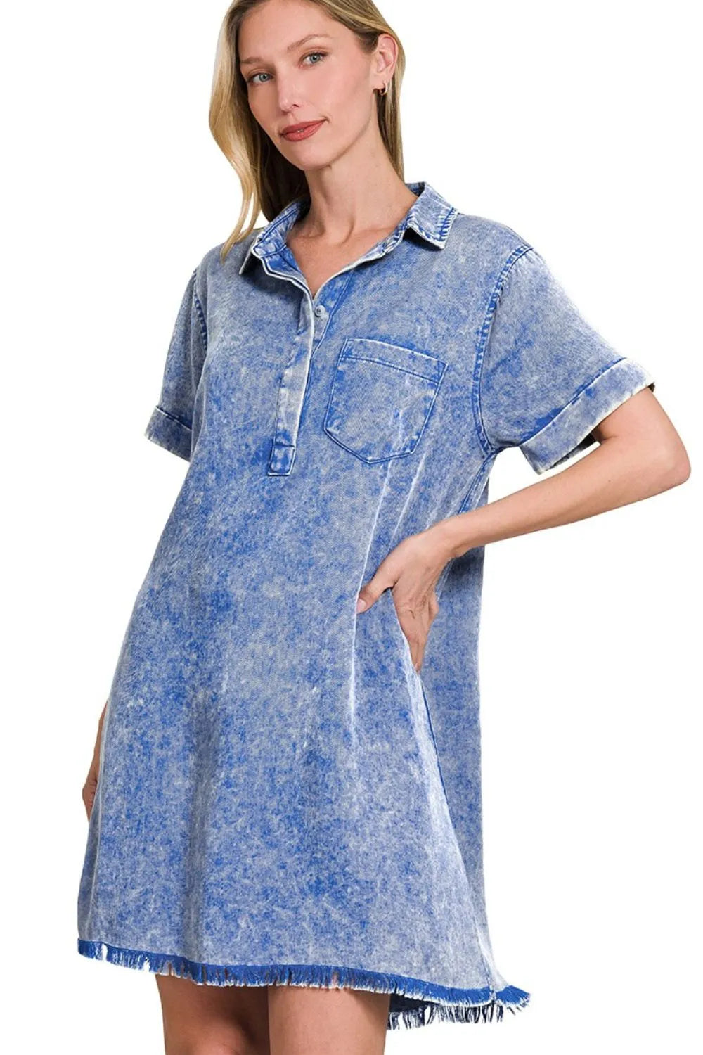 Tencel Mineral Washed Collared Shirt Dress with Pockets