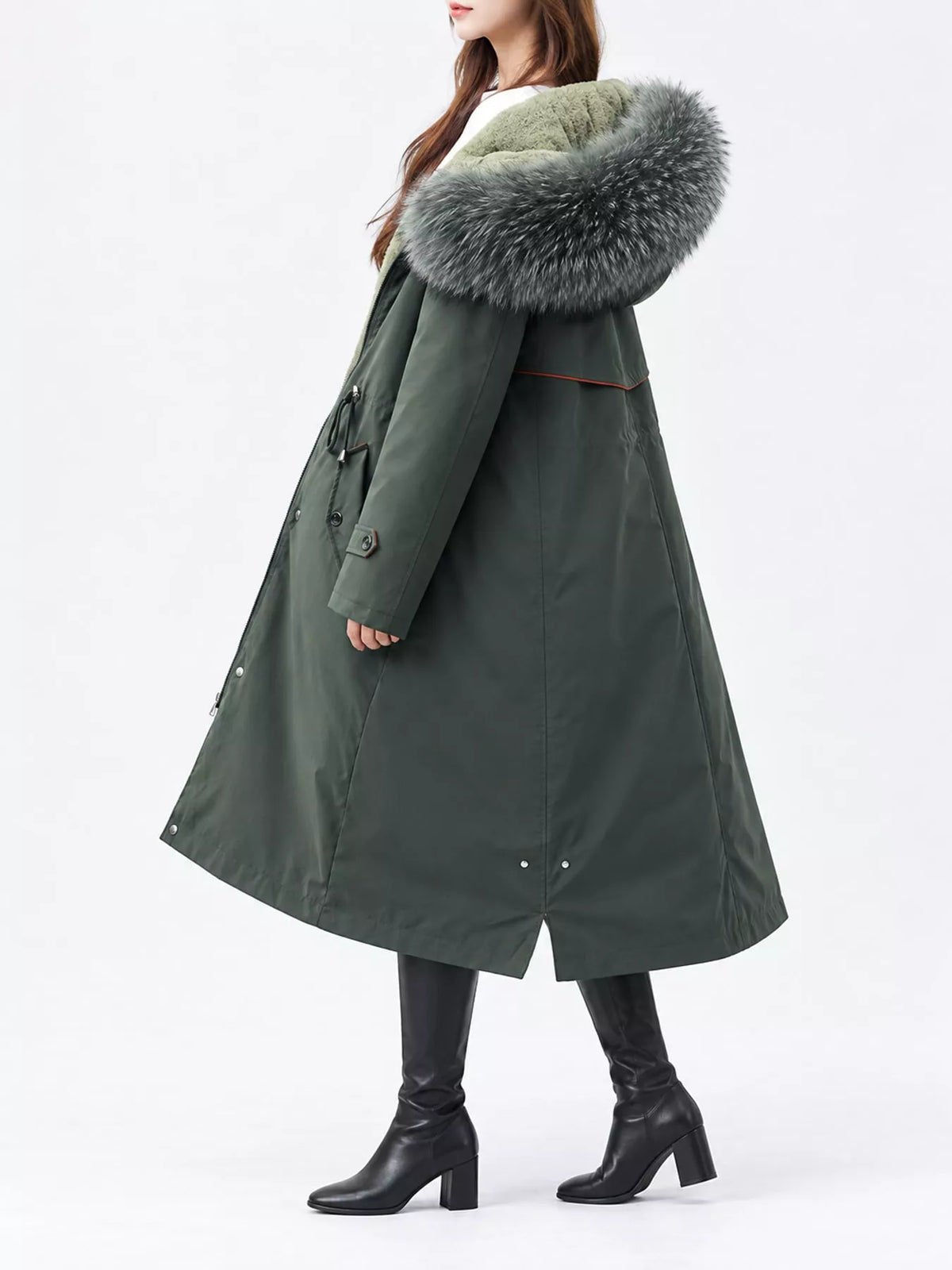 Detachable Longline Hooded Parka with Faux Fur Trim and Drawstring Waist