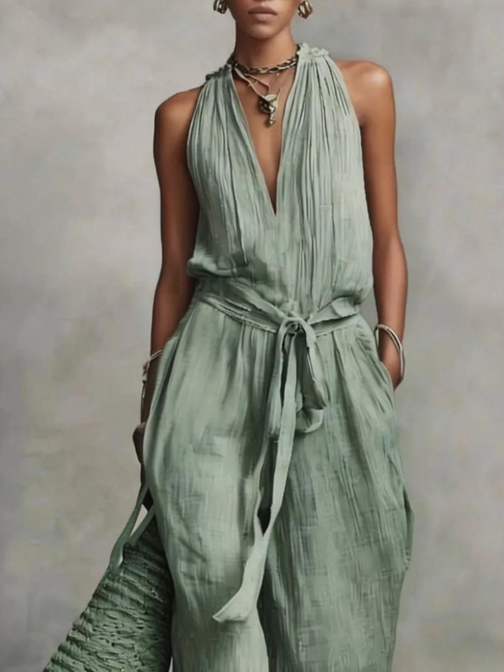 Sleeveless Wide-Leg Jumpsuit with Tie-Waist