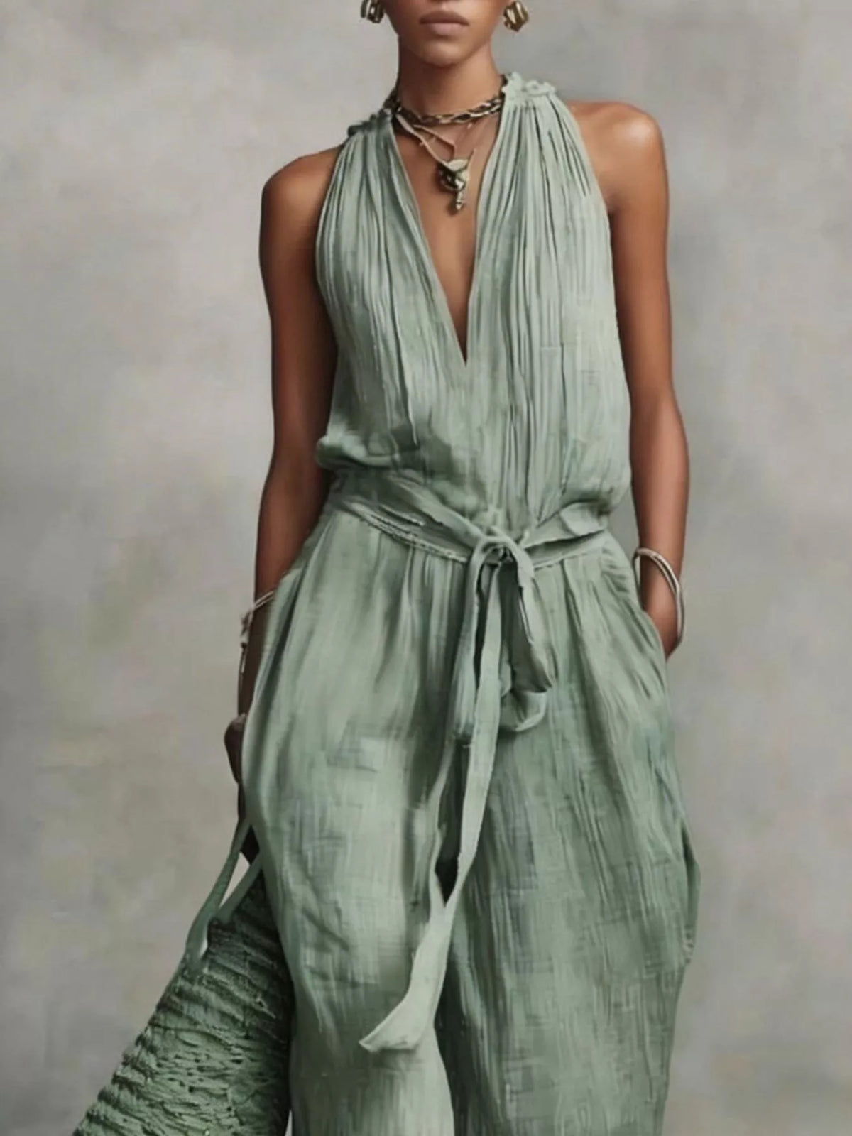 Sleeveless Wide-Leg Jumpsuit with Tie-Waist
