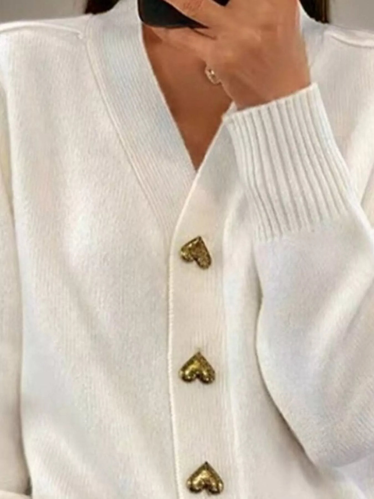 Full Size V-Neck Cardigan with Gold Heart-Shaped Buttons Plus Size