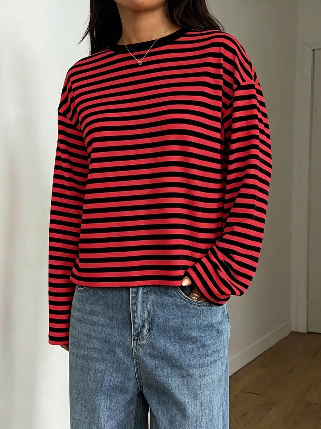 Full Size Casual Long-Sleeve Striped Crew Neck T-Shirt Plus Size