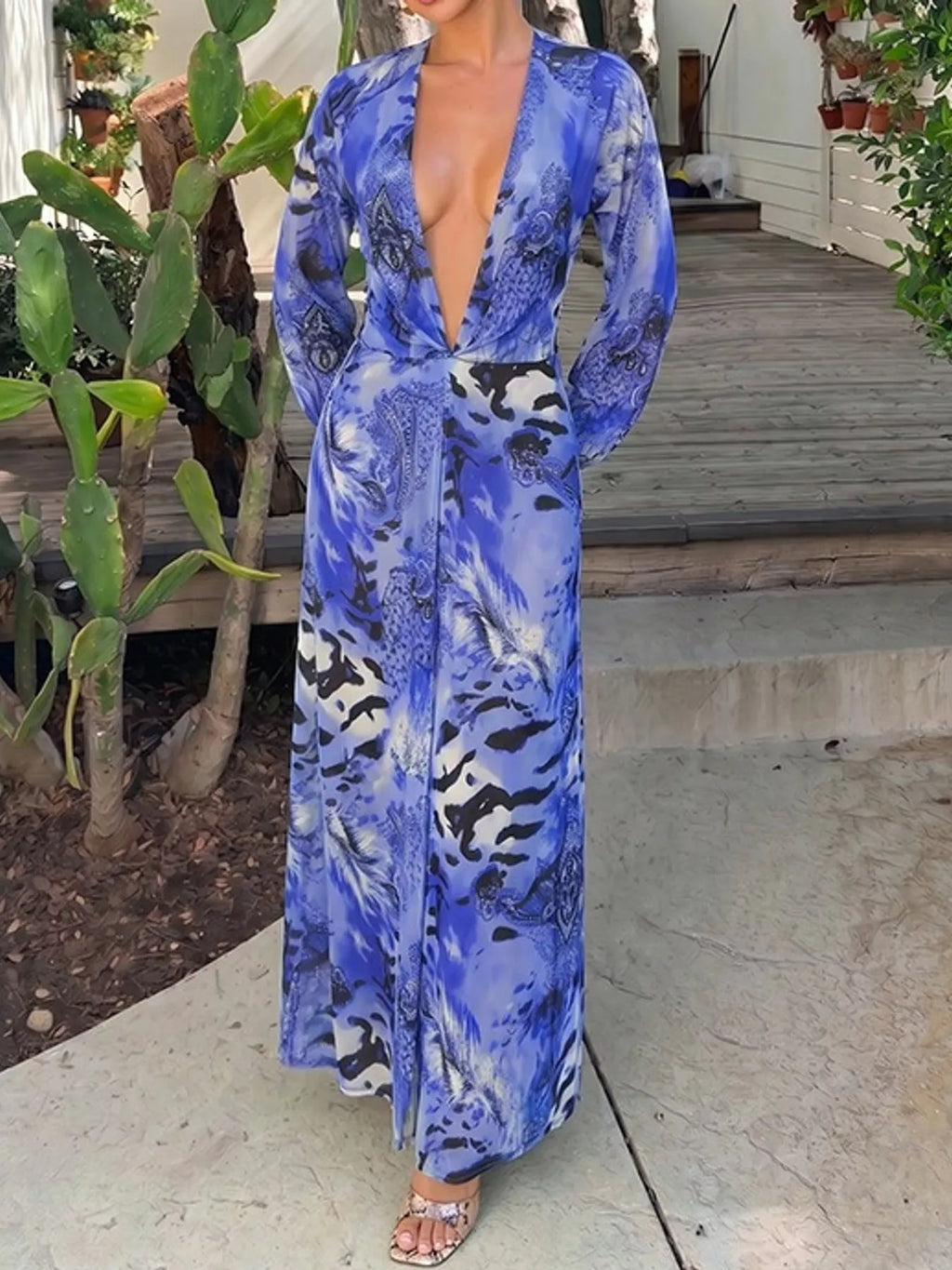 Deep V-Neck Long Sleeve Printed Maxi Dress