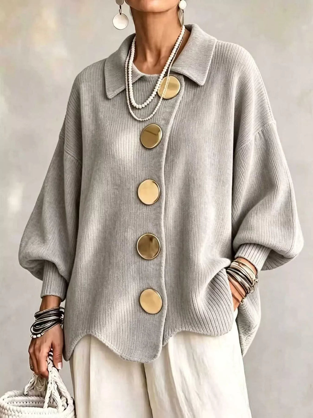 Full Size Ribbed Knit Gold Buttons Cardigan Plus Size