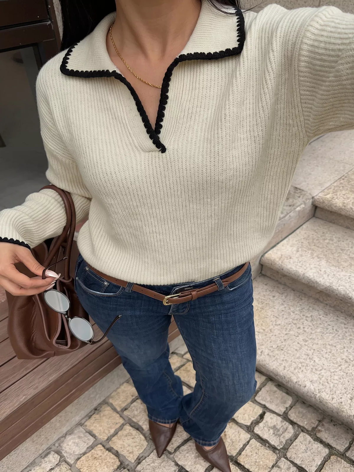 Contrast Trim Dropped Shoulder Sweater