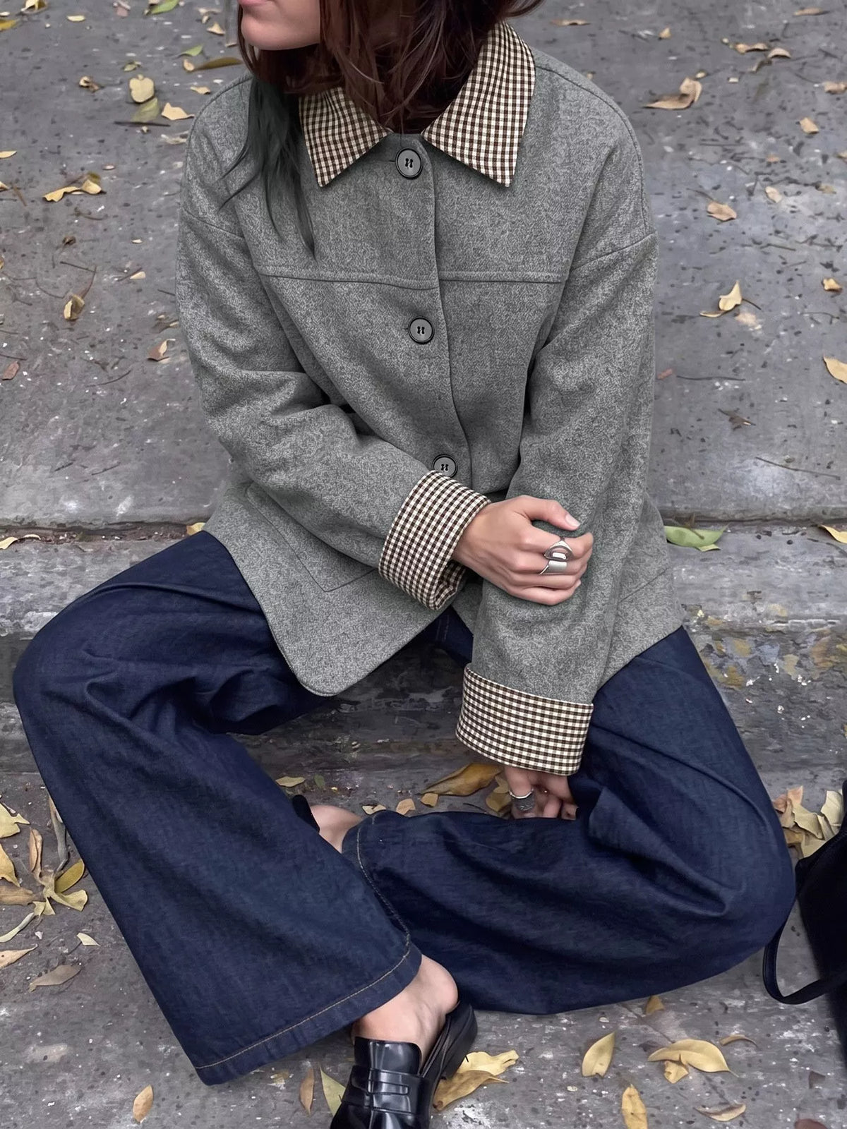 Button-Down Outerwear with Gingham Contrast Details