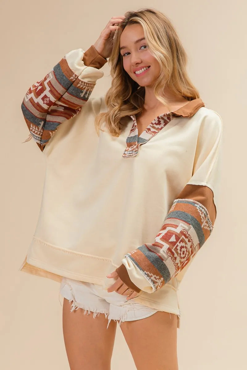 French Terry and Aztec Print Mixed Pullover Sweatshirt