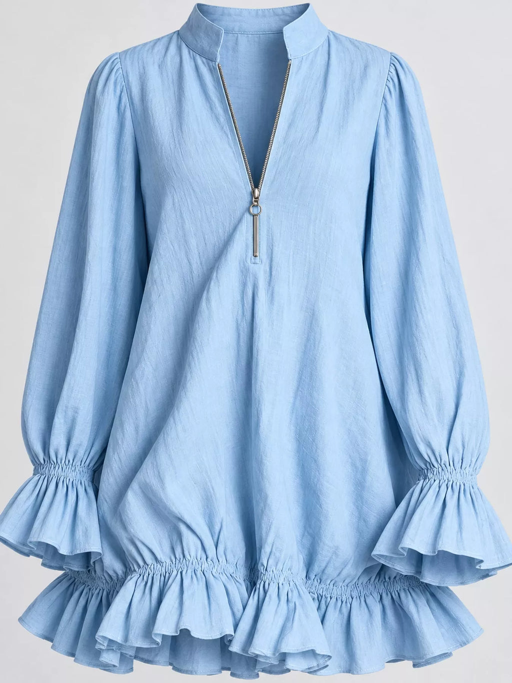 Zipper-Front Ruffle Hem Mini Dress