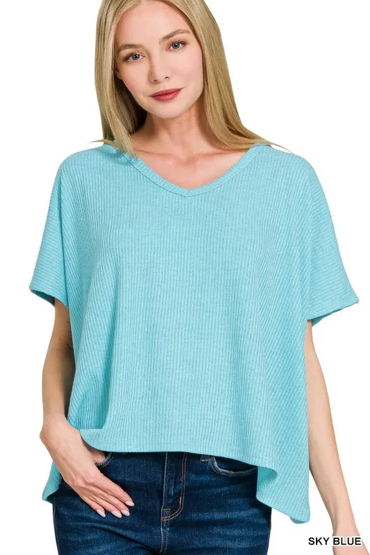 Ribbed V-Neck Short Sleeve Knit Top