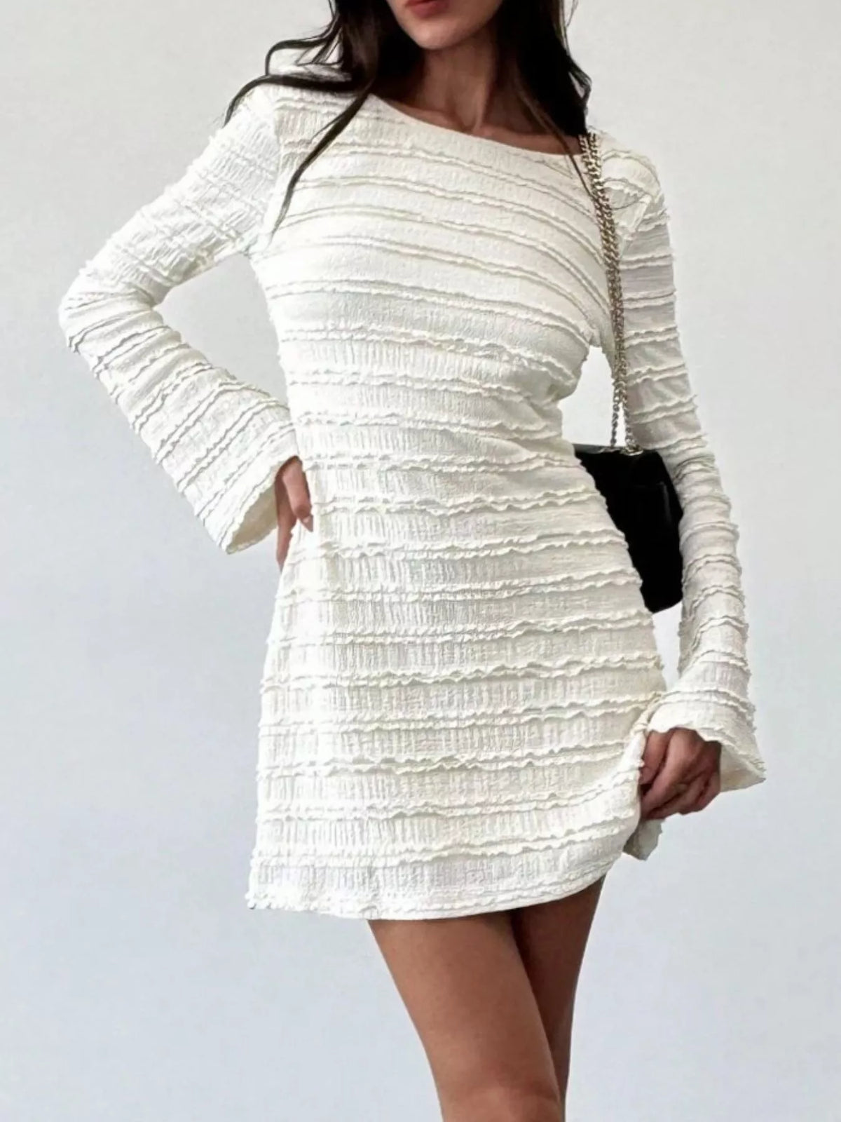 Textured Flare Sleeve Bodycon Mini Dress