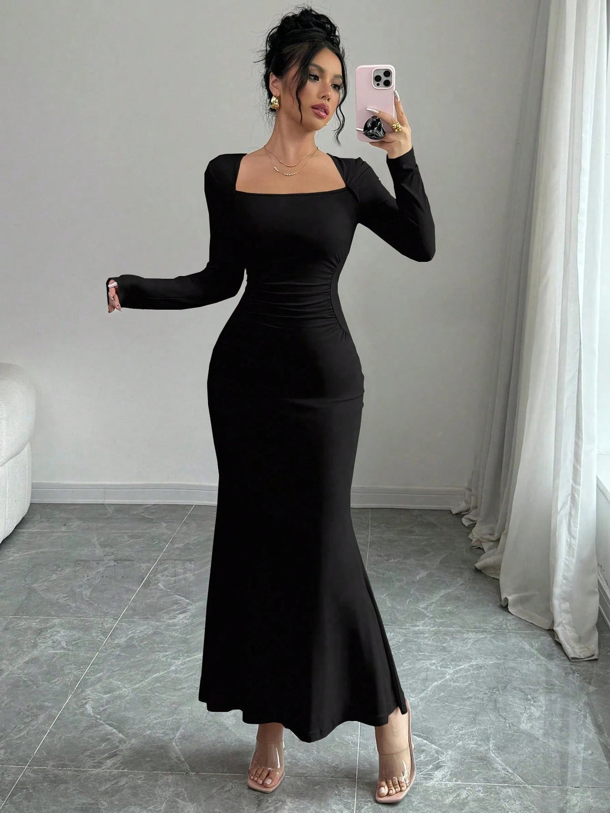 European And American Ladies Fashion Elegant Tight Elastic Sexy Long-Sleeved Fishtail Dress Long Dress