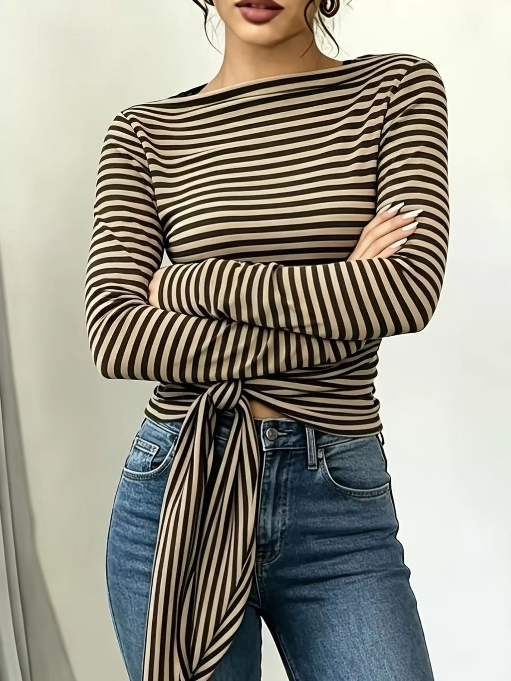 Long Sleeve Striped T-Shirt with Front Tie Detail