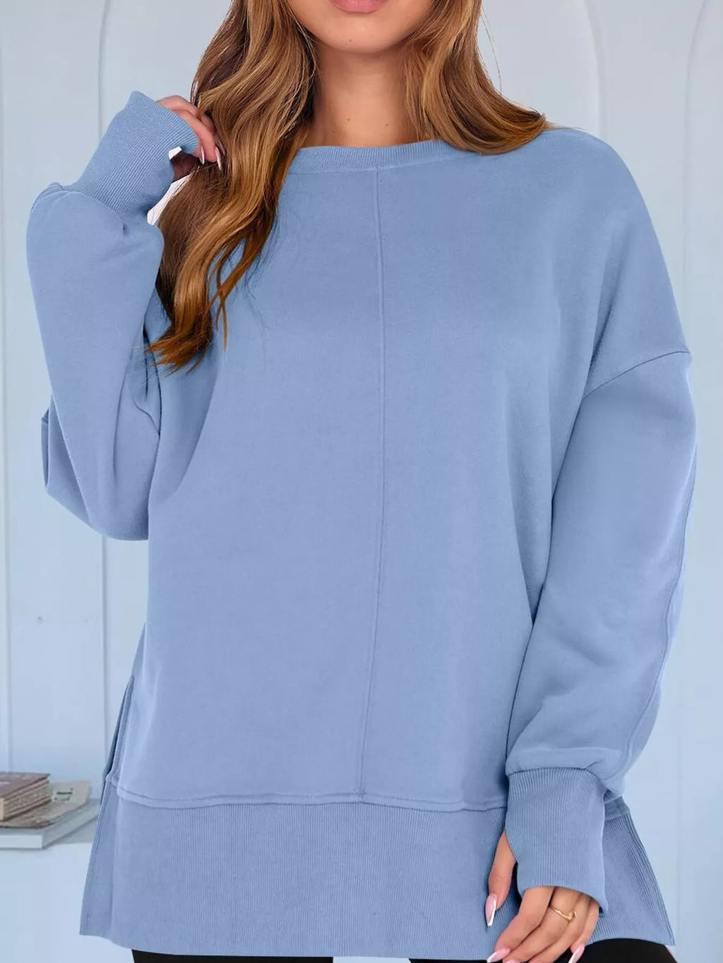 Oversized Crew Neck Sweatshirt with Side Slit