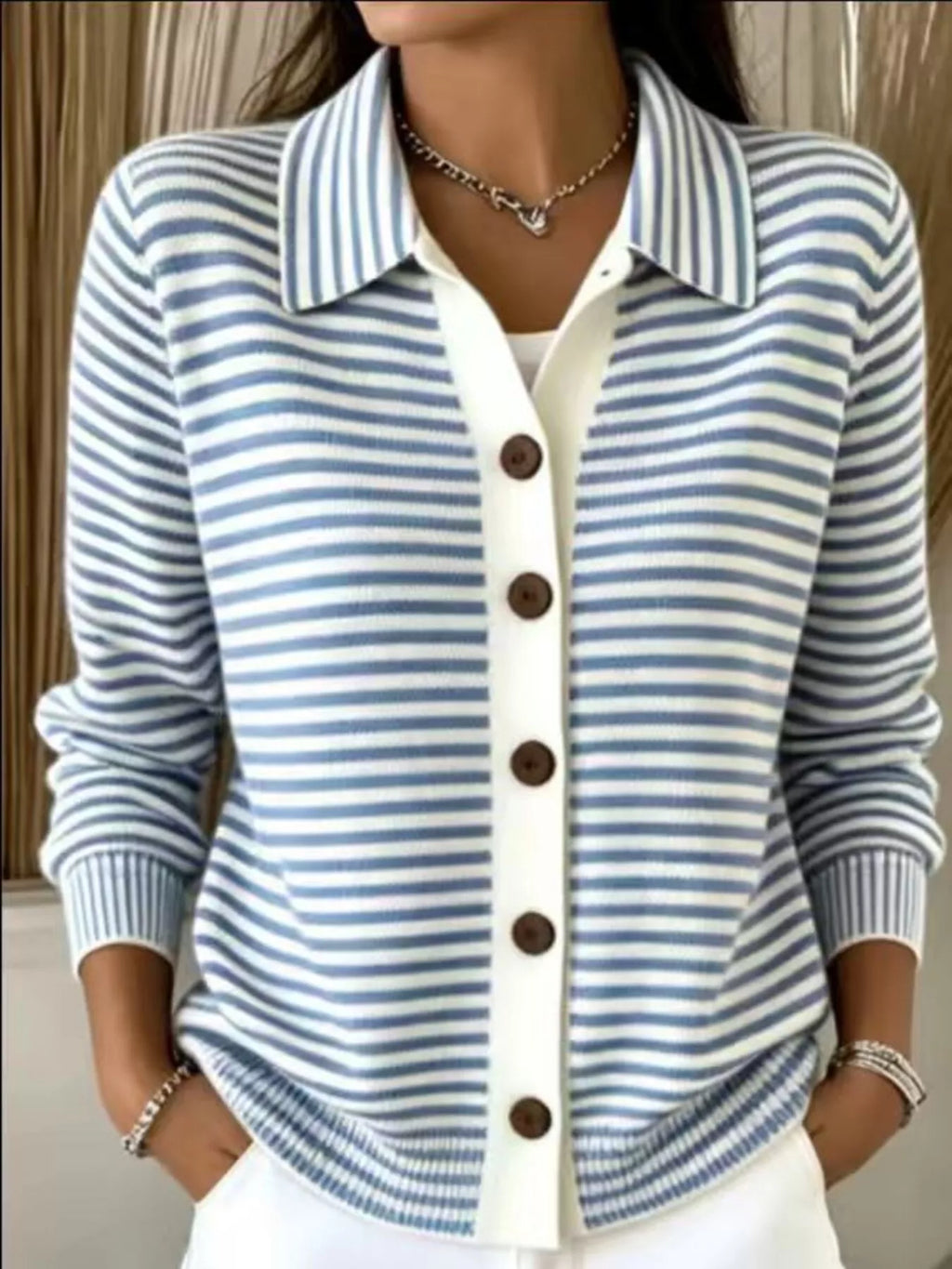 Striped Collared Button-Down Knit Cardigan