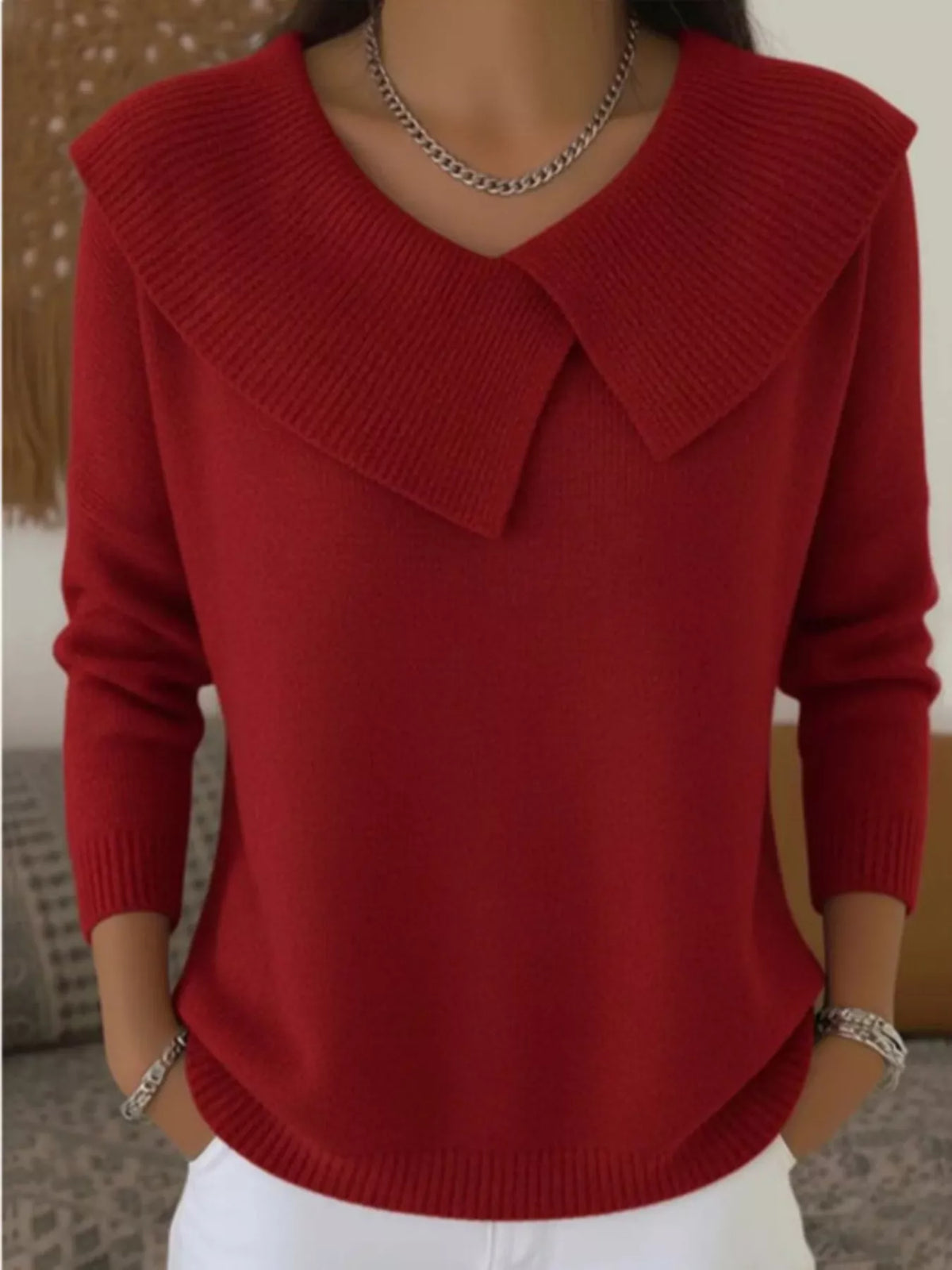 Full Size Wide-Collar Ribbed Knit Sweater Plus Size