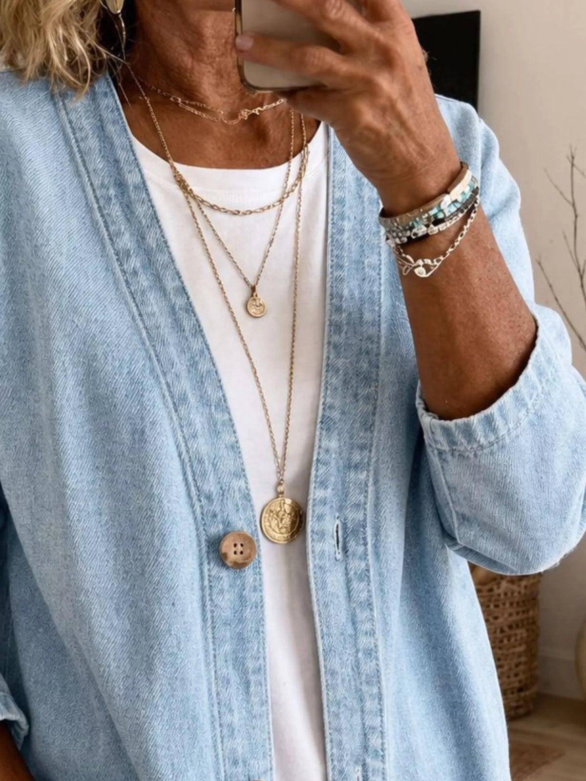 V-Neck Button-Down Denim Jacket