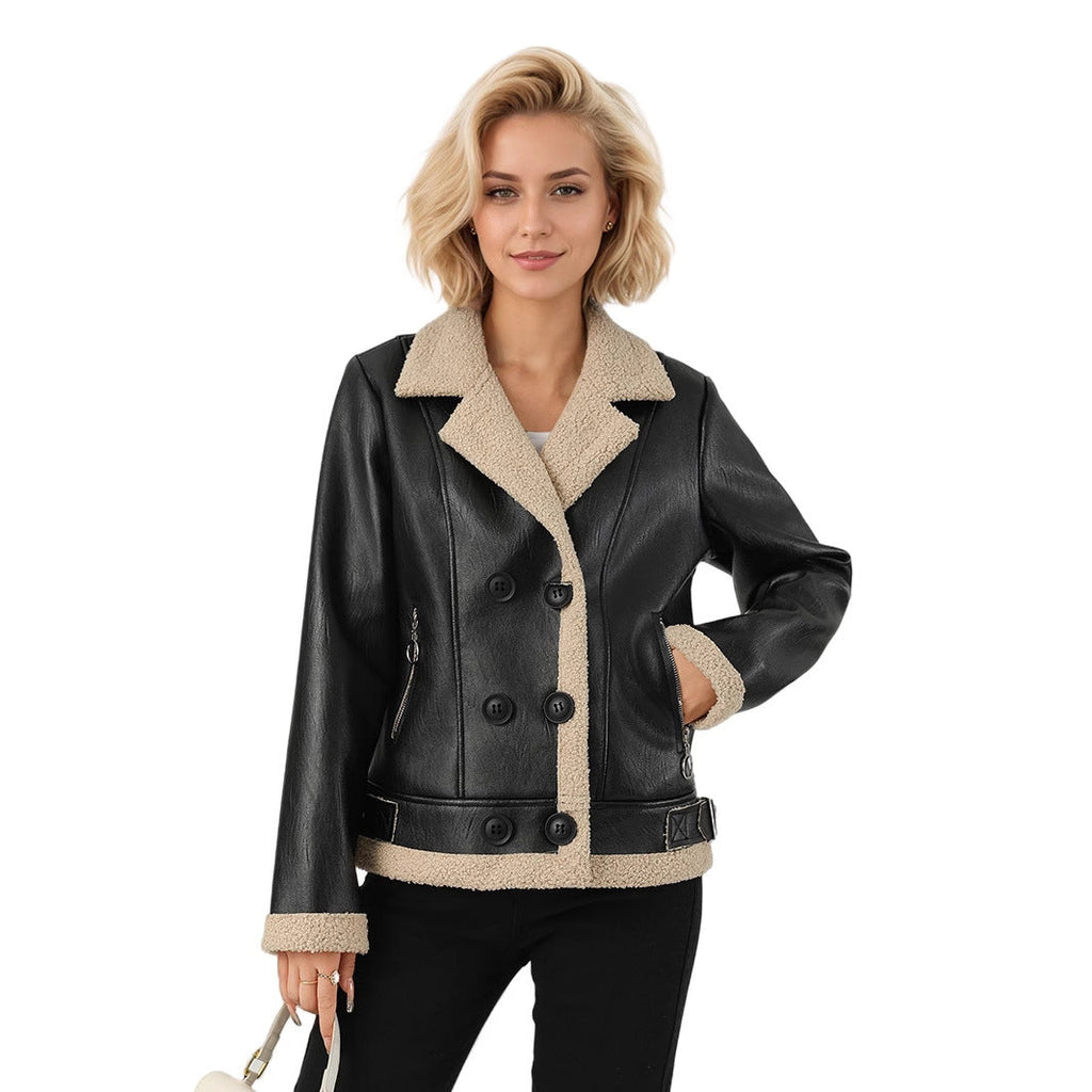 Fleece Padded Women's Leather Coat