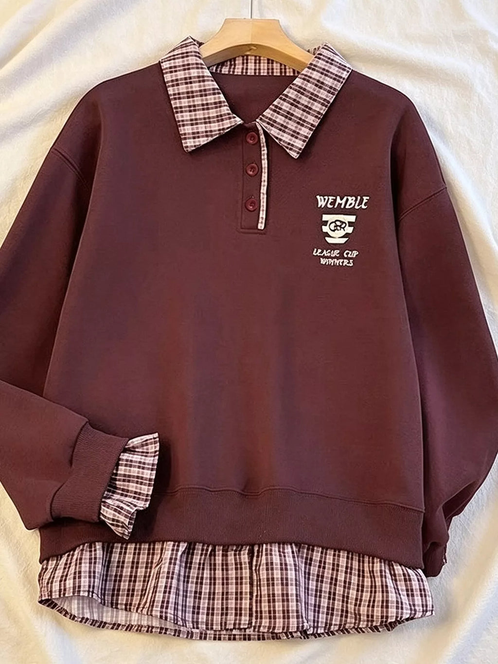 Plaid Collared Faux-Layered Hem Sweatshirt