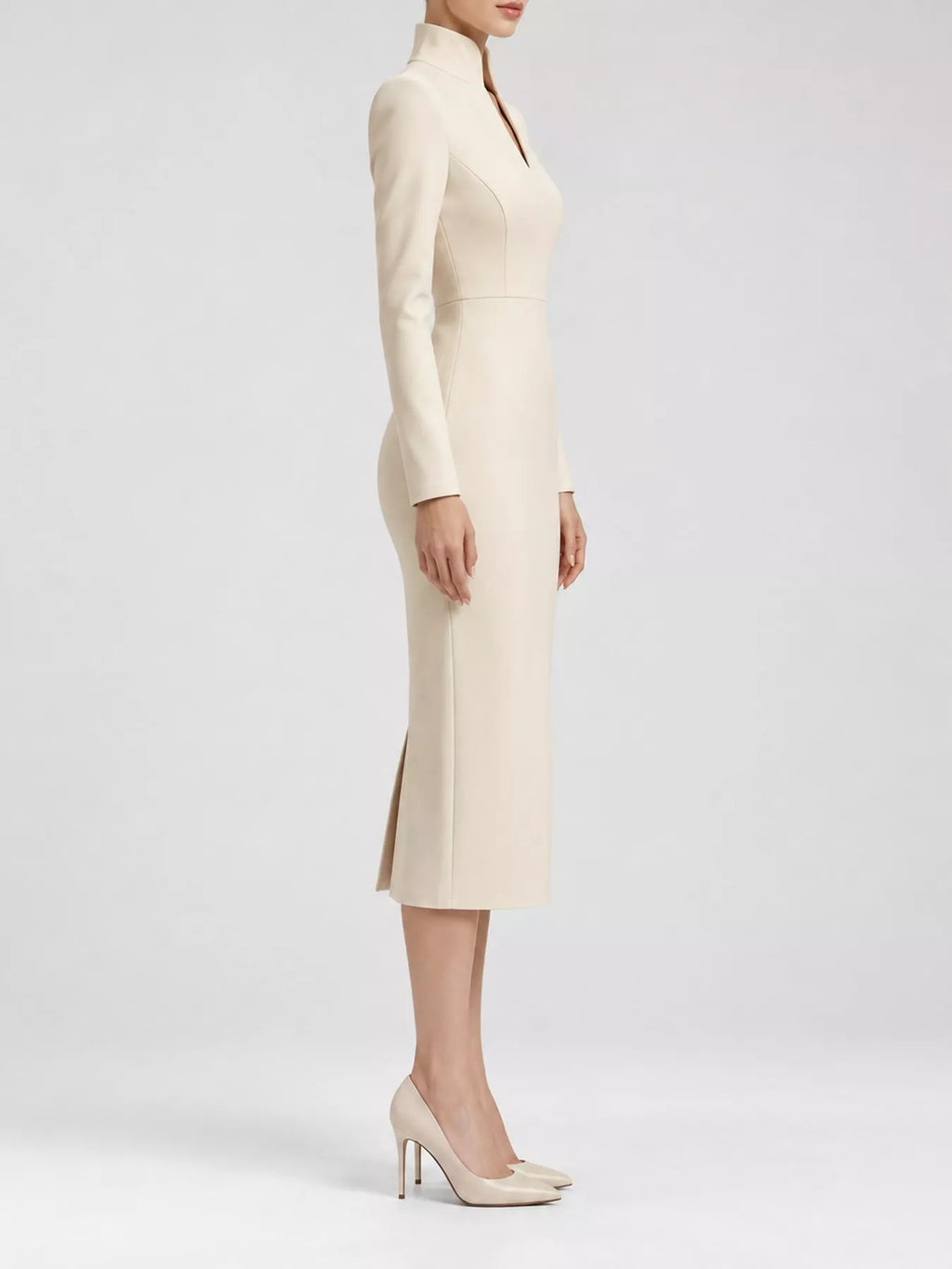 Full Size Stand-Collar Long-Sleeve Midi Dress Plus Size