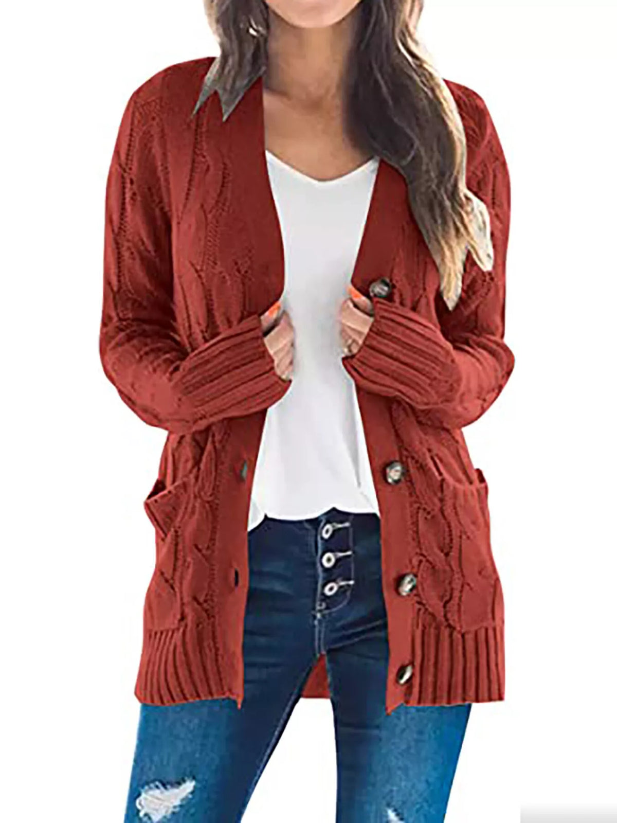 Full Size Chunky Cable Knit Button-Down Cardigan Plus Size