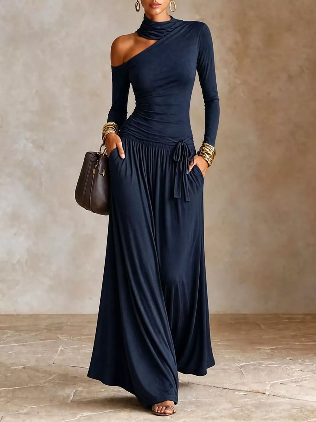 Asymmetric Cutout Long Sleeve Maxi Dress