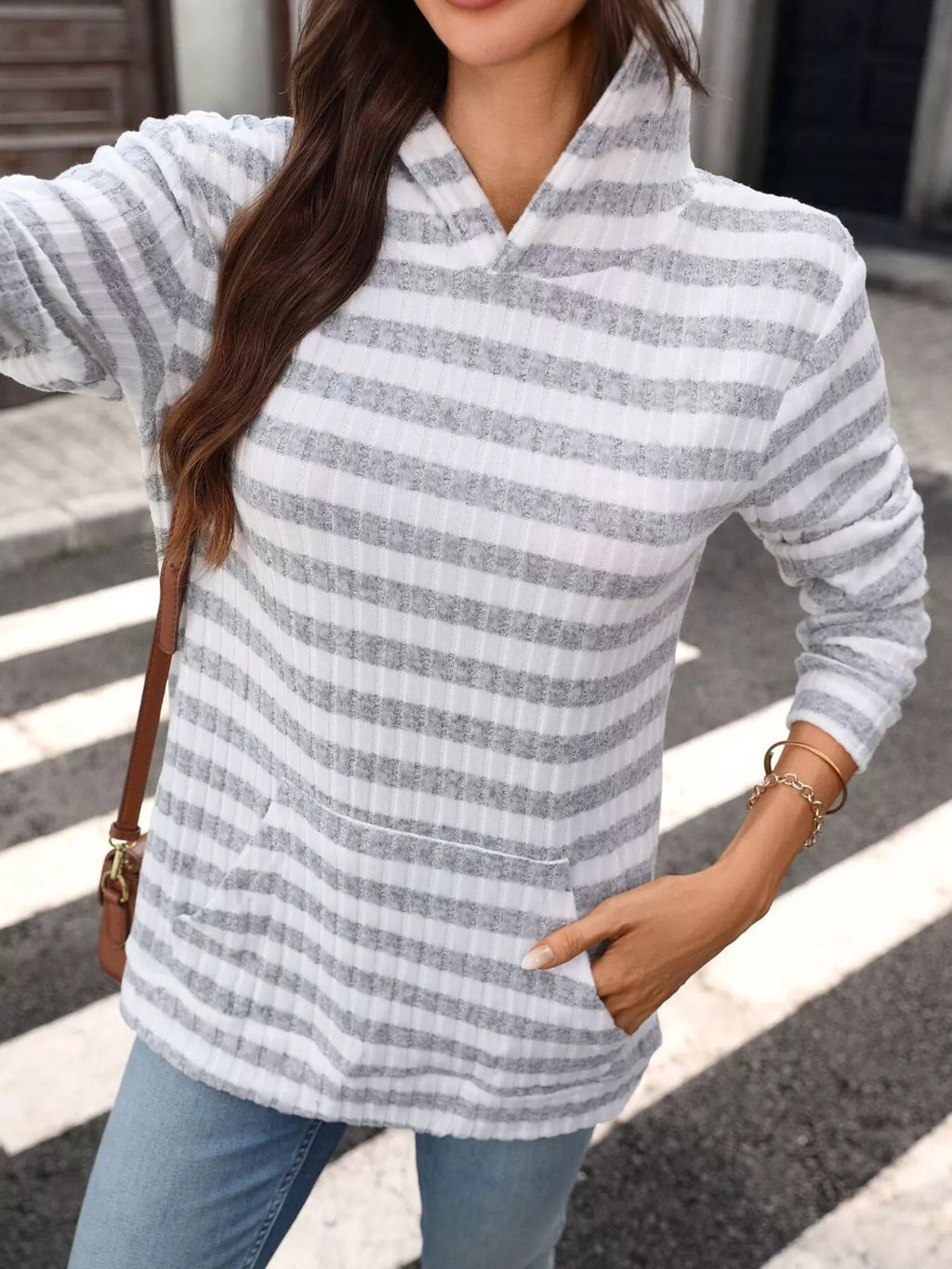 Casual Striped Ribbed Knit Hoodie with Kangaroo Pocket