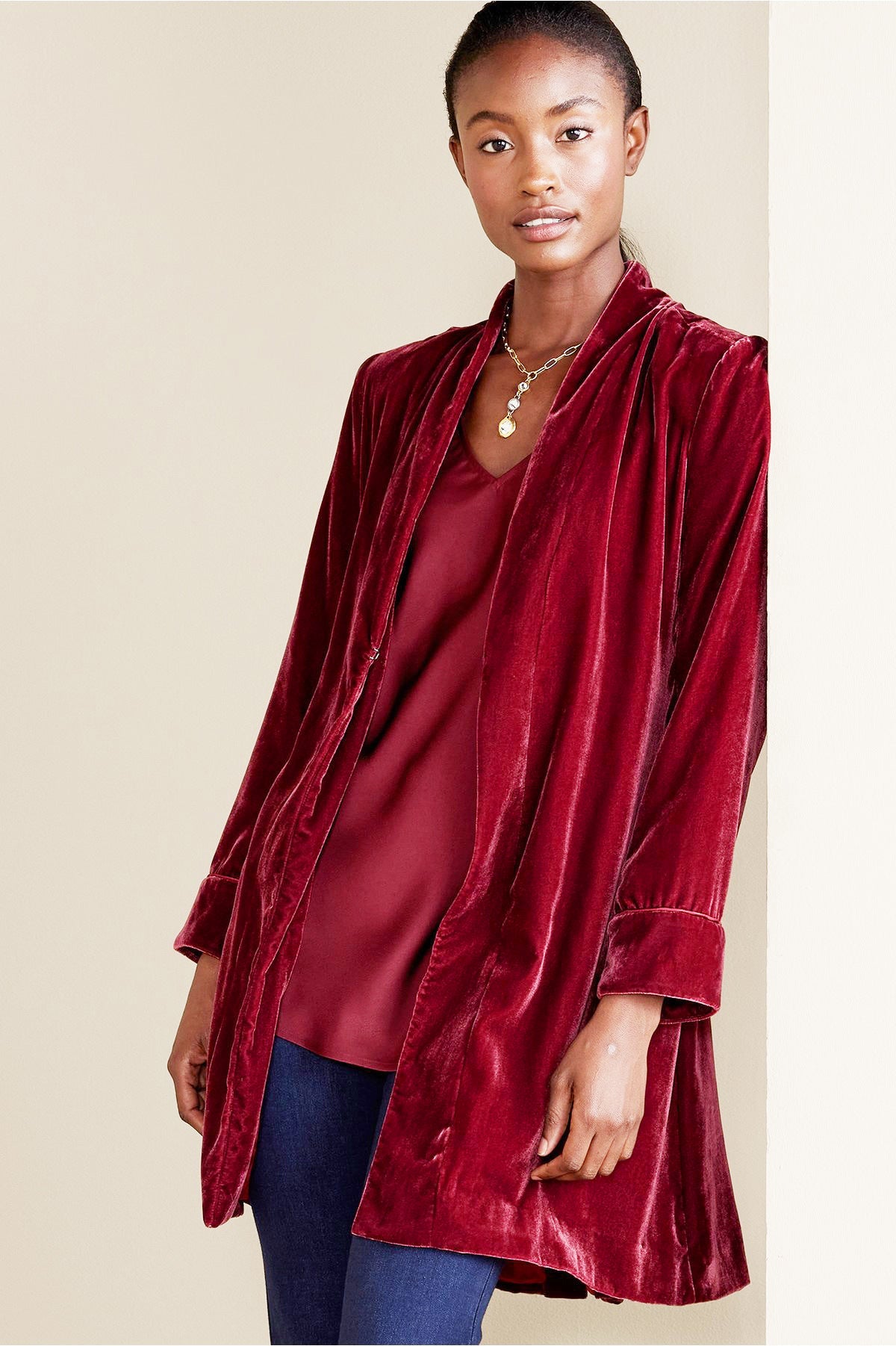 Solid-color Street-style Velvet Long Blazer
