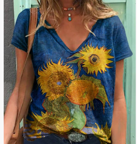 Womens Casual Loose-Fit Printed Pullover T-Shirt Top