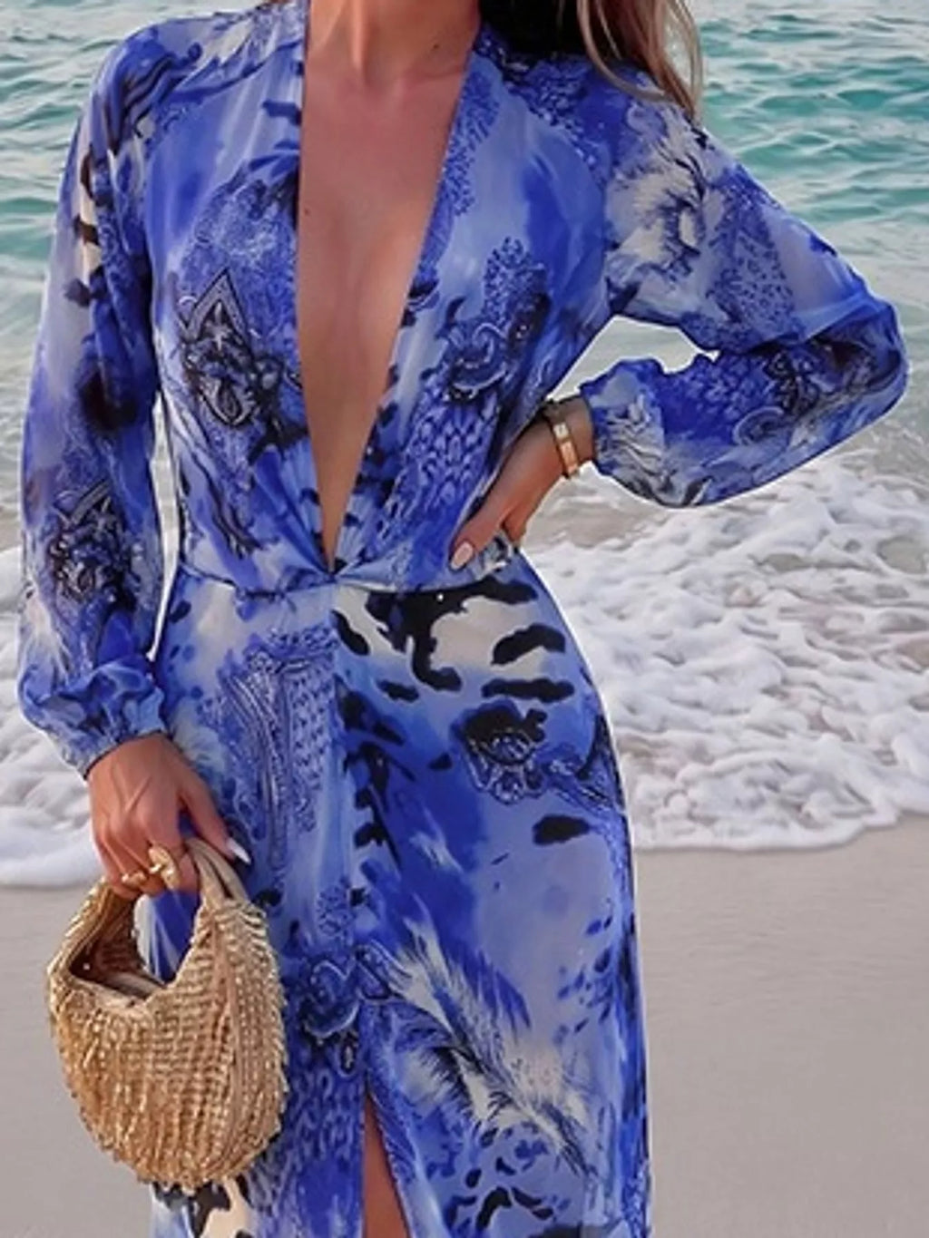 Deep V-Neck Long Sleeve Printed Maxi Dress