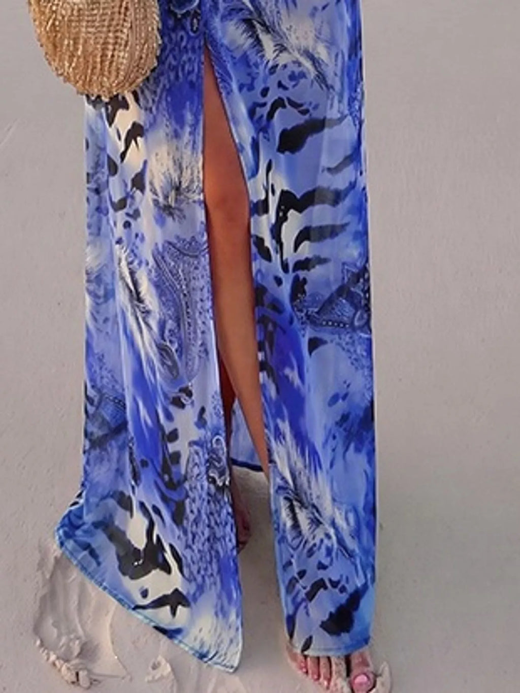 Deep V-Neck Long Sleeve Printed Maxi Dress