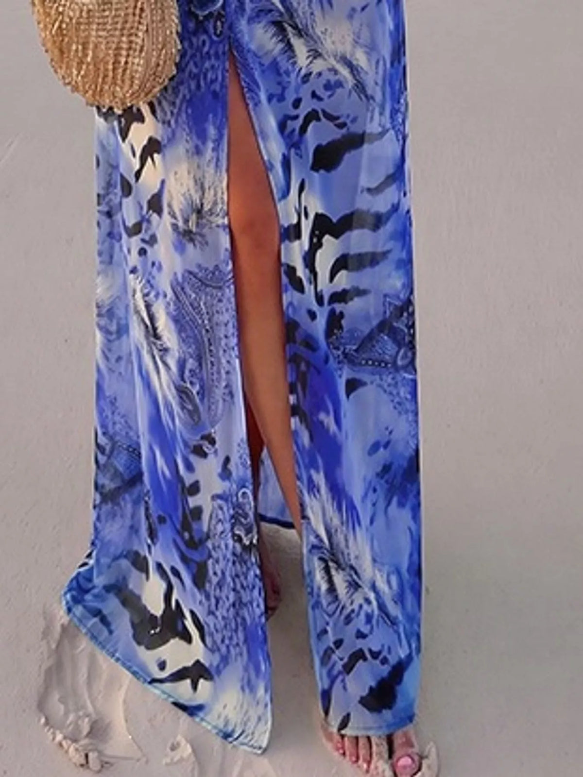 Deep V-Neck Long Sleeve Printed Maxi Dress