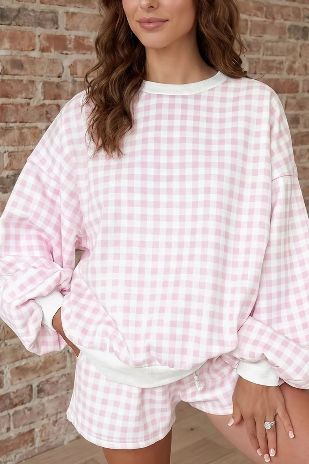 Gingham Long Sleeve Sweatshirt and Shorts Set
