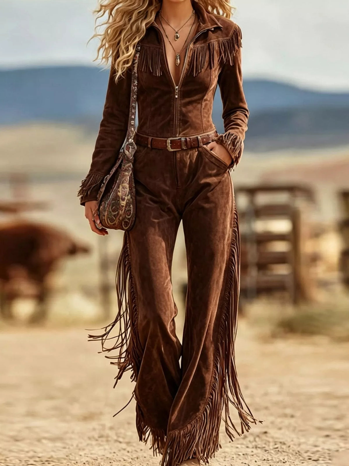Western-Inspired Suede Fringe Jumpsuit with Zipper Front