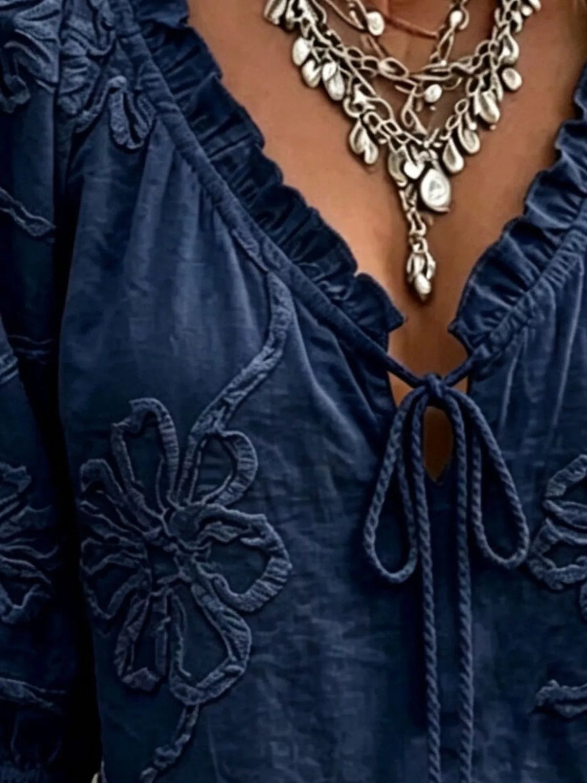 Full Size Flower Tie Front 3/4 Sleeve Blouse Plus Size
