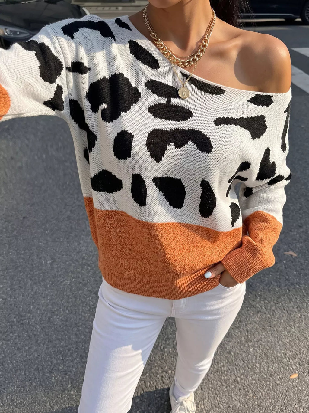 Full Size Off-Shoulder Colorblock Animal Print Sweater Plus Size