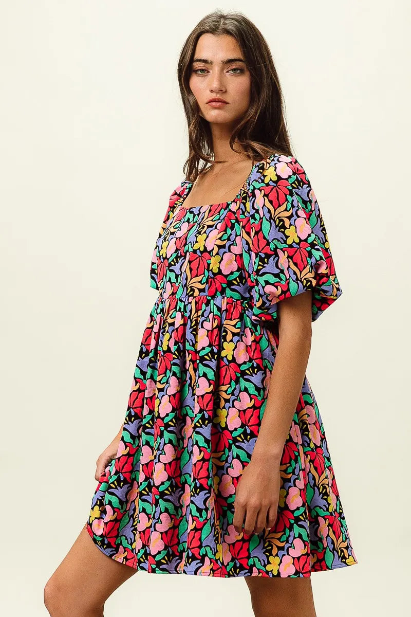 BiBi Floral Print Puff Square Neck Dress