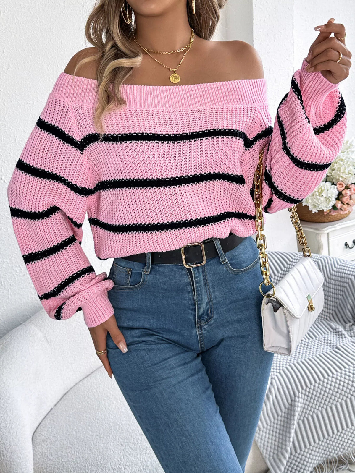 Off-Shoulder Striped Contrast Sweater