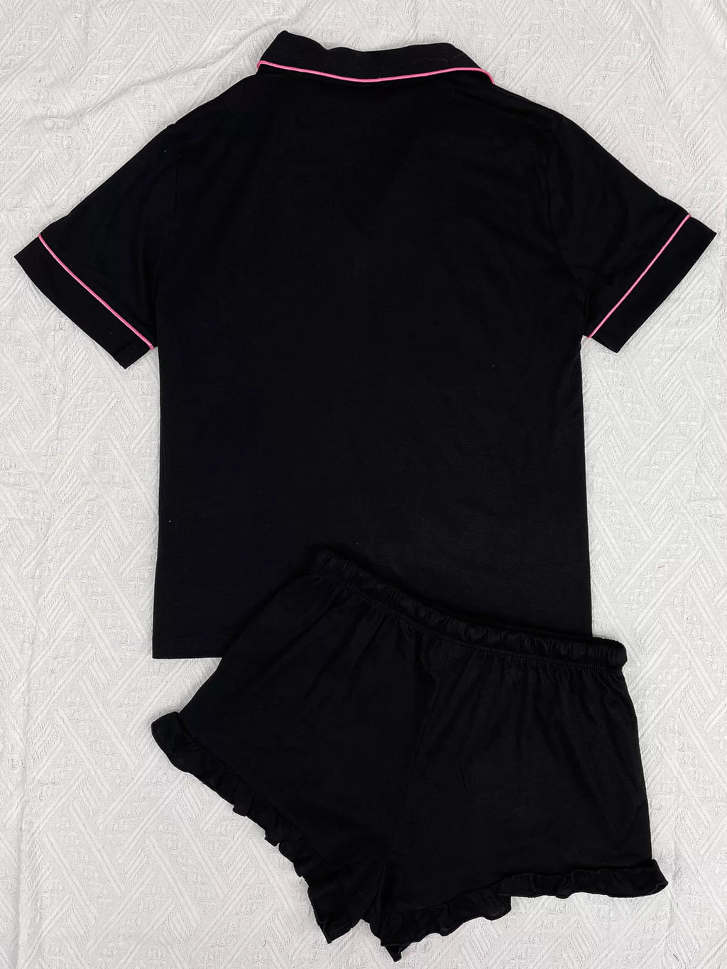 Contrast Piping Button-Down Shirt and Ruffle Shorts Lounge Set