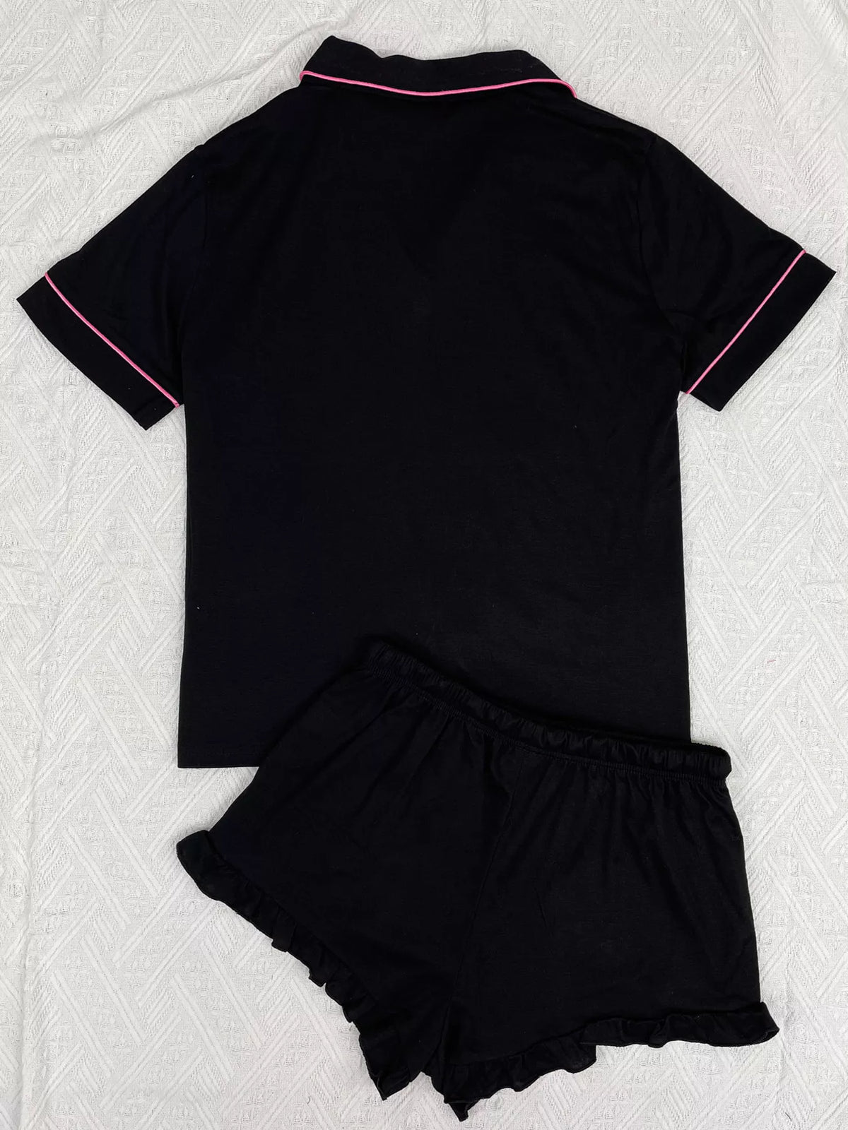 Contrast Piping Button-Down Shirt and Ruffle Shorts Lounge Set