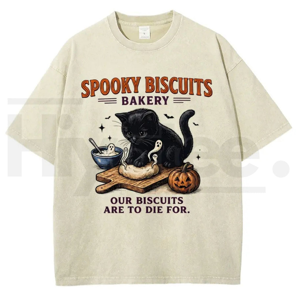 Men's Spooky Biscuits Black Cat Halloween T-Shirt – Vintage Brown Acid-Wash Oversized Cotton Tee