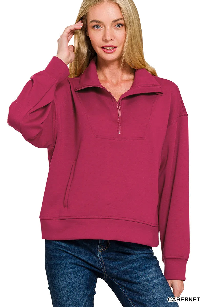 Zenana Scuba Half Zip Sweatshirt with Pockets