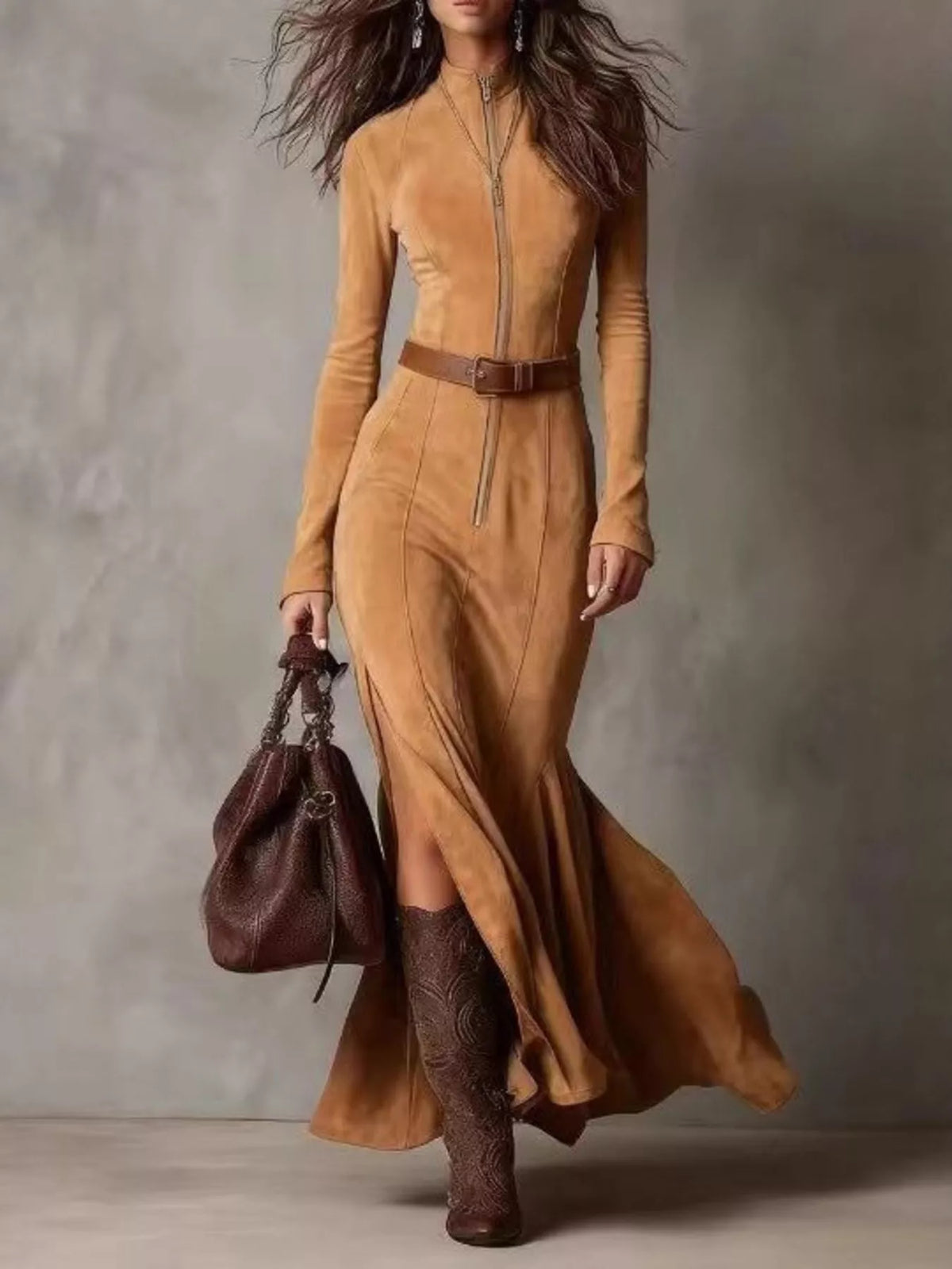 Full Size Slit Zip-Front Long Sleeve Maxi Dress with Belt Plus Size