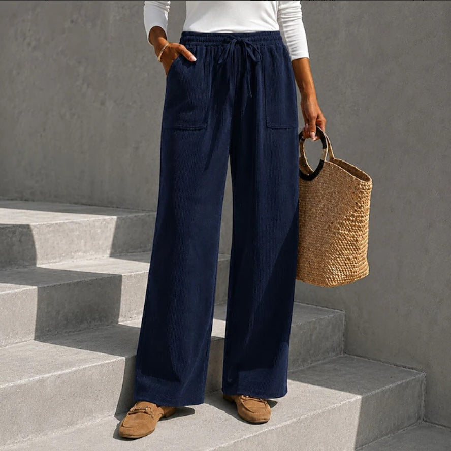 Autumn Winter European And American Cross-Border Women's Corduroy Wide Leg Pants With Elastic Waist And Drawstring, Loose Casual Long Pants
