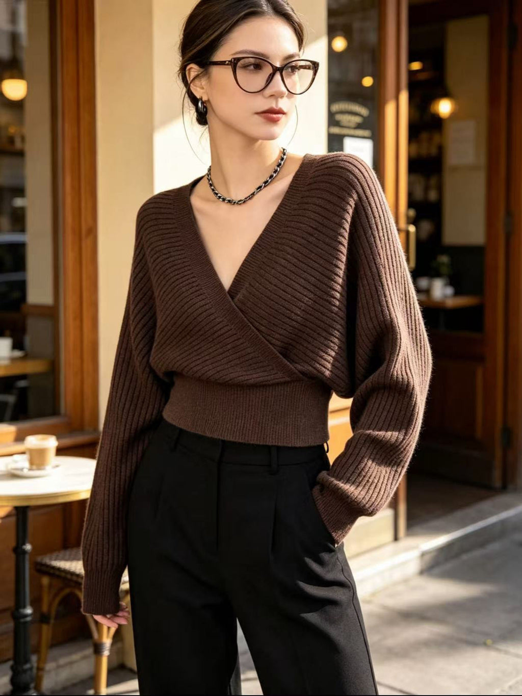 Women New Autumn-Winter Pullover Knit Sweater Off-The-Shoulder Batwing Sleeve V-Neck Stylish Trendy Knit Top