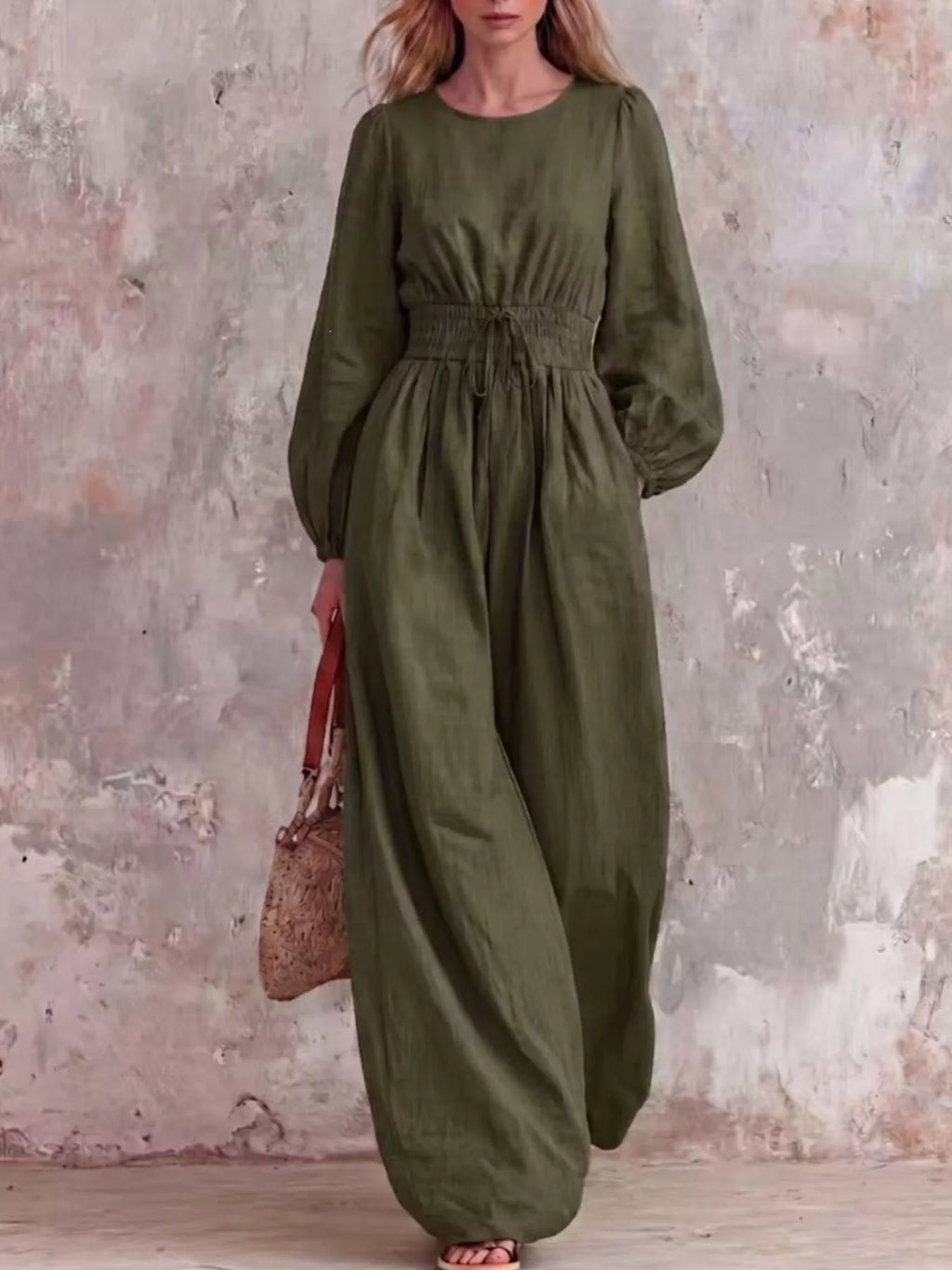 Smocked Waist Long-Sleeve Jumpsuit