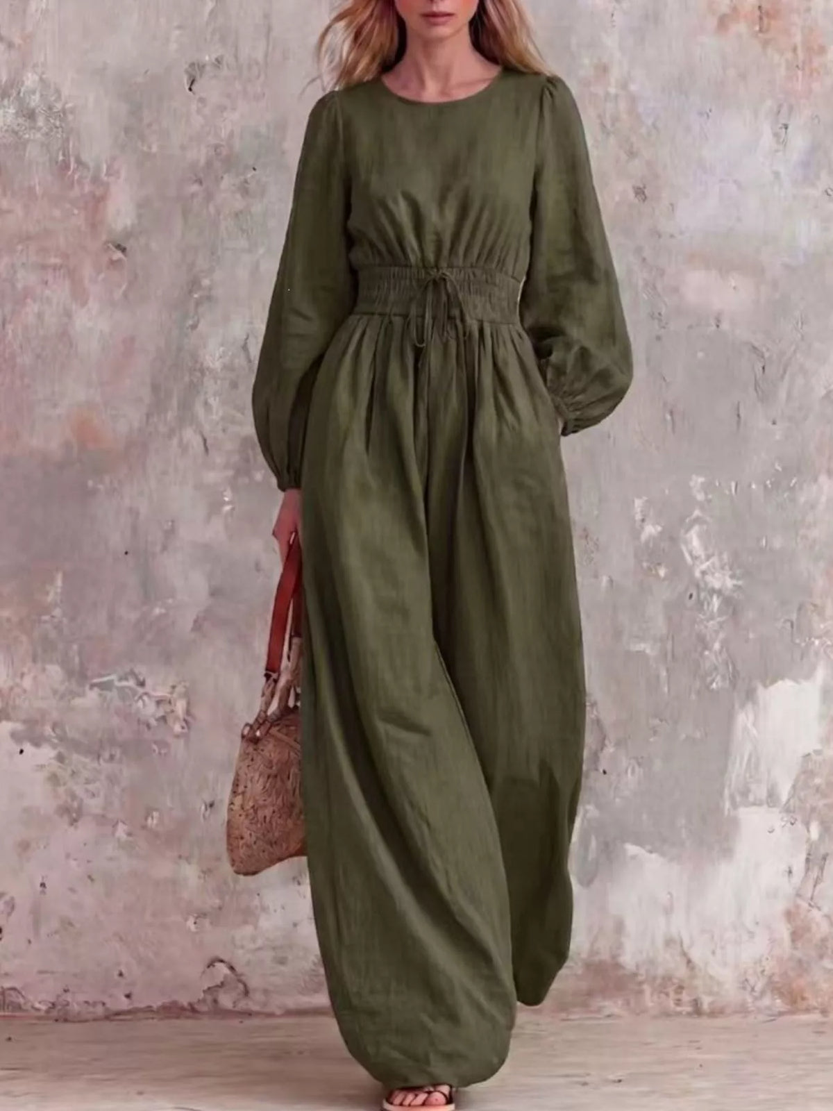 Smocked Waist Long-Sleeve Jumpsuit