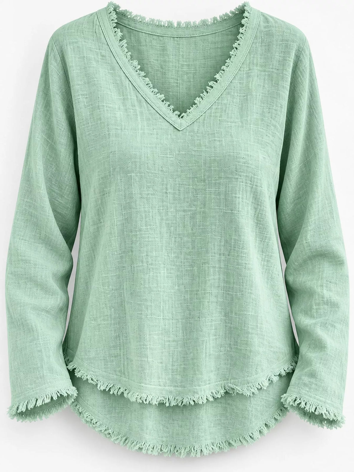 Full Size Frayed Hem V-Neck Long Sleeve Blouse Plus Size
